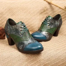 حذاء اللباس johnature 2024 Spring Term Style Pumps أصلي من الجلد الأزياء المطبوعة الكعب العالي المستديرة
