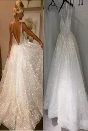 Glitzernder Paillettenstoff, rückenfrei, für Hochzeit, Brautkleider, durchsichtige Träger, V-Ausschnitt, gerüscht, mit Schleppe, glitzerndes Empfangskleid, Kleid Pl4488192