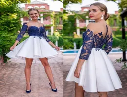 Novo azul royal vestidos de cocktail sheer neck apliques renda manga longa babados mini curto baile de formatura vestido formal 4362427