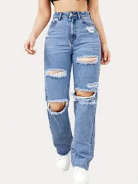 Blaue, zerrissene Baggy Straight Jeans, Schlitztaschen, Distressed High Waist, Loose Fit Denim-Hosen, Damenbekleidung 240315