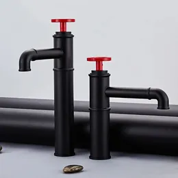 Bathroom Sink Faucets Retro Industrial Style Basin Faucet Black And Red Brass Vessel Tap Water Pipe Shape Cold Mixer