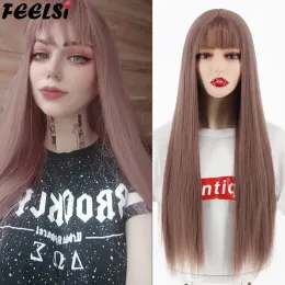 Wigs FEELSI Synthetic Hair Long Straight Wig With Bangs Christmas Haze Pink Wig Red Brown Black 26Inch Halloween Cosplay For Women