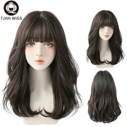 Synthetic Wigs 7JHH WIGS Long Wavy Curly Black Brown Synthetic Blend Wigs With Fluffy Bangs For Womens Daily Wear Four Seasons Hair Toupee 240328 240327