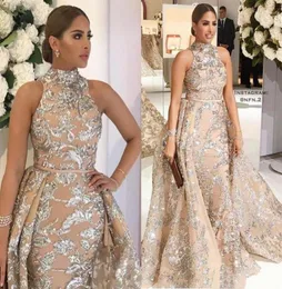 Yousef Aljasmi 2019 Vestidos de baile de gola alta com trem destacável modesto luxo brilhante apliques de renda plus size para concurso de noite 8571723