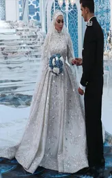 Dubai vestidos de casamento para mulheres vestidos de noiva 2022 luxo saudita árabe rendas aline alto pescoço muçulmano brilhante mangas compridas abiti da s3695397