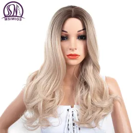 Perücken MSIWIGS Lady Synthetische Perücken Lockige Lange Natürliche Ombre Blonde Perücke für Frauen Silbergrau 21 Zoll Hitzebeständiges Haar