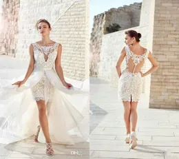 Chic strandbröllopsklänningar med avtagbar tåg Juvelhals Sheer Back Spets Appliced ​​Short Bridal Gowns Custom Made Abiti DA SPOS5282227