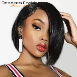 Wigs Glueless Pixie Short Cut Straight Human Hair Wigs Short Bob With Long Side Part Bangs No Lace Brazilian Straight Bob Wigs