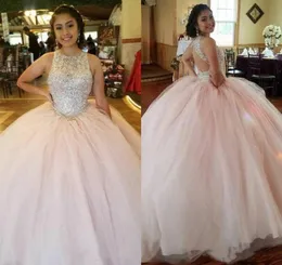 Crystal Sequin Quinceanera Dresses Puffy Tulle Pink Ball Gown Vestidos 15 Anos Sweet 16 Party Pageant Dresses Open Back Plus Size9532028