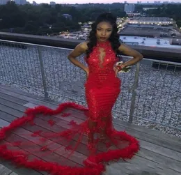 Red African 2K19 Mermaid Prom Dresses Feather recide Sexy Mermaid Teend Bress Train Train See من خلال حفلة كوكتيل عارية الظهر 9909516