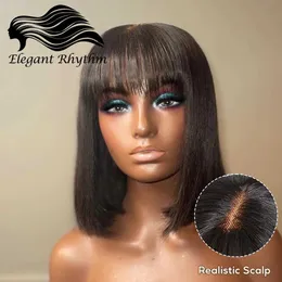 Synthetic Wigs Synthetic Wigs Upgraded Silky Straight Glueless Fake Scalp Lace Bob Wig With Bangs 100% Human Hair Short Bob Wigs With Bangs For Black Women 240327