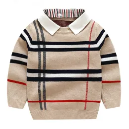 Kids Sweaters Autumn Plaid Toddler Boy Sweater Long Sleeve Fake Two-Piece Knitted Boys Pullover Children Clothing 2-7Y