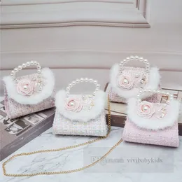 Barn plysch pärlstav blommor prinsesse handväska flickor pärlor kedja singel axelväska barn paljetter pläd crossbody väskor z7231