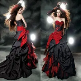 Schwarze und rote Gothic-Brautkleider 2019, Vintage-Stil, herzförmiger Rüschen-Taft, bodenlang, große Schleife, sexy Korsett-Brautkleid Go3534532