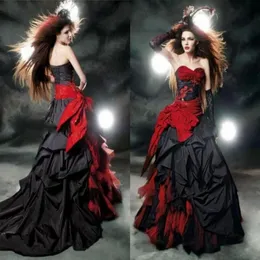 Preto e vermelho gótico vestidos de casamento 2019 vintage tribunal estilo querida plissado tafetá até o chão grande arco sexy espartilho nupcial go3534532