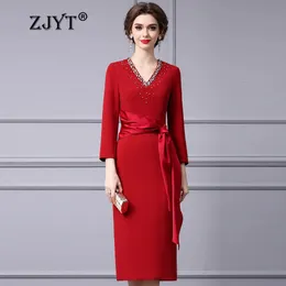 ZJYT Luxury Beading V Neck Red Formal Occasion Event Party Dresses for Women Spring 2024 Elegant Half Sleeve Midi Dress Straight 240306