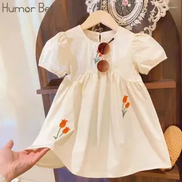 Vestidos da menina humor urso meninas coreano flor bordado bolha manga curta cintura irregular vestido de princesa vestidos roupa casual 2-6y