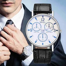 Armbandsur mens casual watch blue glas bälte affärer handleds klocka mode läder rem sex stift analog kvarts titta på reloj hombre relogio 24319