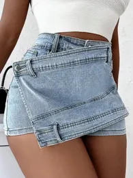 Frauen Mode Denim Mini Skort Rave Straße Wrap Stretch Unregelmäßige A-Line Dünne Cargo Jean Shorts Mujer 240314