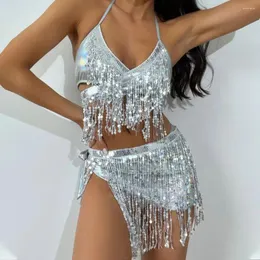 ملابس السباحة النسائية مثير V-Neck Bikini Swimsuit Tassel متألقة مجموعة مع ملخصات الخصر عالية الترال يلف تنورة 3 قطعة للشاطئ