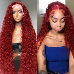 Burgundy Human Hair Lace 정면 가발 색상 99J 빨간 가발 여성 브라질 13x4 Deep Wave 30 인치 워터 웨이브 레이스 가발
