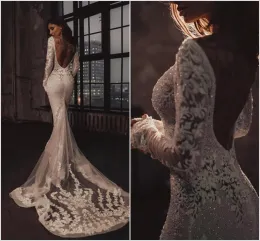 Betra Luxury Mermaid Wedding Dresses Long Sleeve Lace Appliciques Beadings Backless Bling Bling Bridal Clows Chapel Robe de Marie