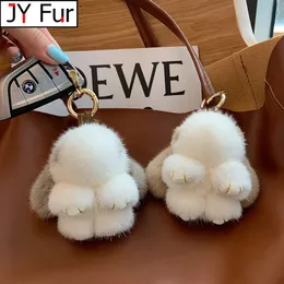 لطيف الأذن الأذن Bunny keychain Real Mink Fur Rabbit Doll Doll Toys Keyring Handbag Charm Ornament Pompom Plush Jewelry Gifts 240312