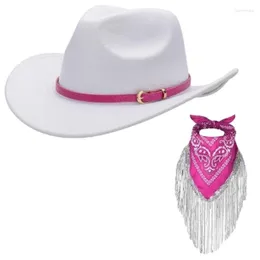 Berets White Cowgirl Hat Fringed Bandana Set For Women Vintage Western WIDE BRIM Floral Tassels Head Wrap Scarf