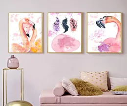 Estilo elegante flamingo pena lona cartaz e impressão arte da parede pintura nordic crianças decoração fotos quarto do bebê decor4515862