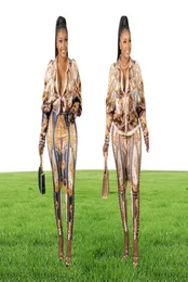 Seksi kadınlar iki parçalı pantolon set uzun kollu yaka boyun bluz gömlek üst ve sıska pantolon basılı Afrikalı kadın artı boyutu seti takım elbise 9141484