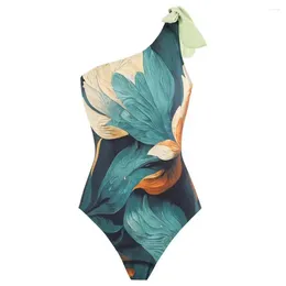 Women's Swimwear Lady Skinny Monokini Floral Print Skirt With One Shoulder Lace-up Design High Waist Ruffle For Beachwear