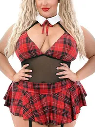 Womens Plus Size Schoolgirl Lingerie Sexy Students Roleplay Uniform Plaid Halter Teddy Tie Mini Skirt Club Club Set 240311