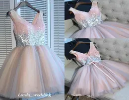 2019 Günstiges kurzes rosa Heimkehrkleid Sommer A-Linie Pailletten Junioren Sweet 15 Abschluss-Cocktailpartykleid Plus Size Custom Mad8919308