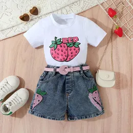 Conjuntos de roupas crianças meninas moda verão roupas manga curta morango camiseta com shorts jeans criança bonito 2pcs outfits