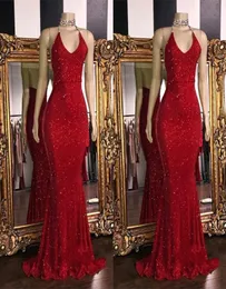 2019 Red Sparkling equins Mermaid Long Prom Dresses Halter Helderless Sweep Sweep Train الرسمية الحفلات المسائية 12202036