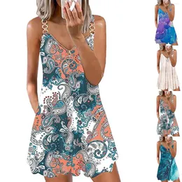 Sıradan Elbiseler Kadın Yaz Boho Çiçek Baskı Plaj Elbisesi V Boyun Kolsuz Spagetti Kayış Sundresses Cepler Vestido Feminino