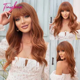 Wigs Red Brown Orange Copper Wigs with Bangs Long Water Wave Synthetic Wigs for Women Afro Ginger Cosplay Daily Heat Resistant Wig