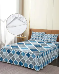 Sängkjol Vintage Geometric Blue Marocko Retro Elastic Fitted Bedud med kuddfjädrar Madrass Cover Bedding Set Sheet