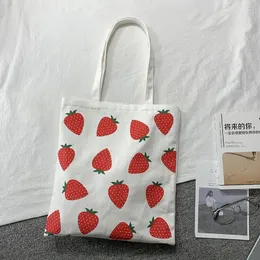 Totes Large Women Canvas Tote Shopper Bag Eco Shopping Strawberry Printing Shoulder Bags For Girl Female Student Foldable Handbag