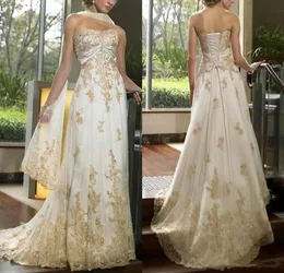 Retro Ivory And Gold Strapless Lace Wedding Dresses Bridal Gowns For Women Appliqued Beads Long Elegant Bride Dress Formal Plus Si9181798