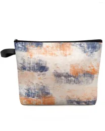 Sacos cosméticos abstrato moderno retro textura laranja saco de maquiagem bolsa de viagem essencial feminino organizador de banheiro armazenamento lápis caso