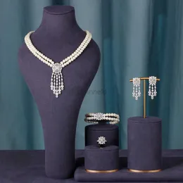 Bangle New Fashion Double Row Pearl Tassel Necklace 4 Piece Earring For Women Wedding Party Full Zirconia Dubai Wedding Jewelry Gift Set 240319