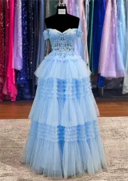 Utsökta ljusblå tutu kjol aftonklänningar en linje av axlar applikationer pärlor tier ruffles långa prom klänningar vestidos de bal bc18407
