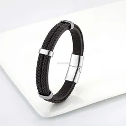 Bangle Simple Fashion Style Punk 3-Ring Stainless Steel Mens Bracelet Pendant 3-Layer Leather Link Classic Bracelet 240319