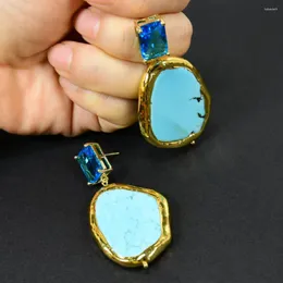 Dingle örhängen gg 10x15 blå cz crystal stud naturliga turkoisar guldfärg pläterad kant örhänge