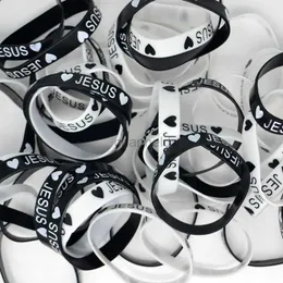 Bangle 100x Black White Heart Jesus Silicone Armband Katolska kristen Ortodoxa religiösa smycken 240319