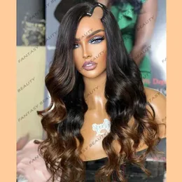 Synthetic Wigs Synthetic Wigs Glueless Ombre Dark Golden Brown 1x4 Opening U Part Human Hair Wigs Dark Roots Middle/Left/Right U Part/V Part Wigs for Women 240328 240327