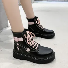 Boots Fashion Forward Heart Platform Ankle Combat Boots Black & Pink Lace Up Zipper Round Toe Shoes Y2K Style