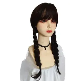 Synthetic Wigs Lace Wigs High Temperature Fiber Smooth Braided Wig with Bangs Addams Family Animated Cosplay Women Wig Hair Styling Tool 240328 240327