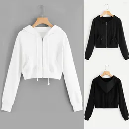 Hoodies femininos moda casual branco zíper feminino sexy cor sólida colheita jaqueta slong manga bolso camisa curto topos streetwear